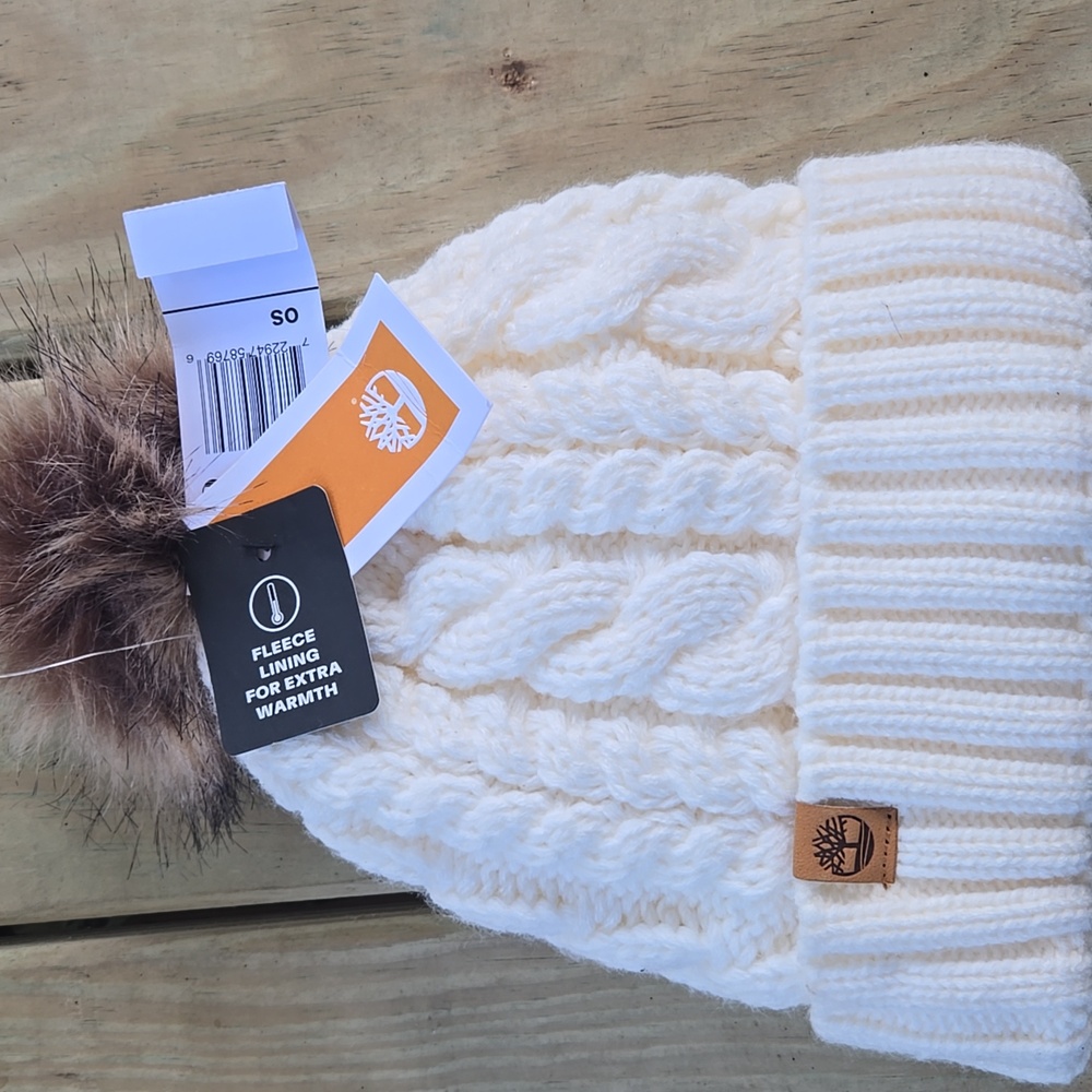 Timberland Off-White Cable Knit Beanie with Brown Pom